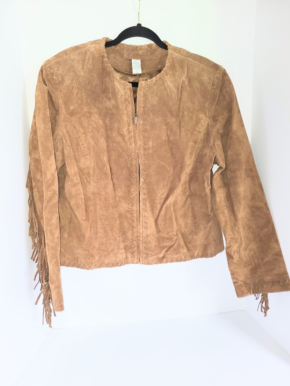 Chico's Brown Fringe Leather Jacket Genuine Suede Fitted Jacket Size 2 - Picture 6 of 16